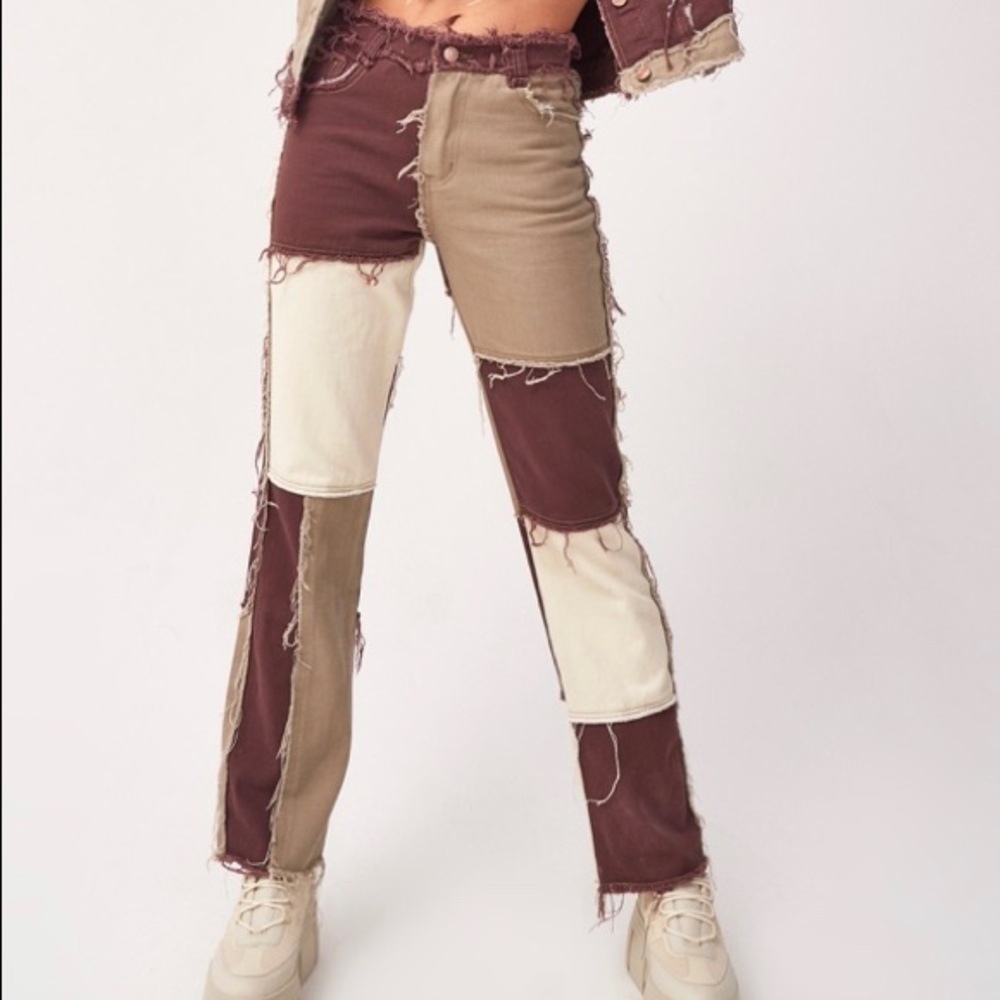 Brown Patchwork Denim Boyfriend Jeans